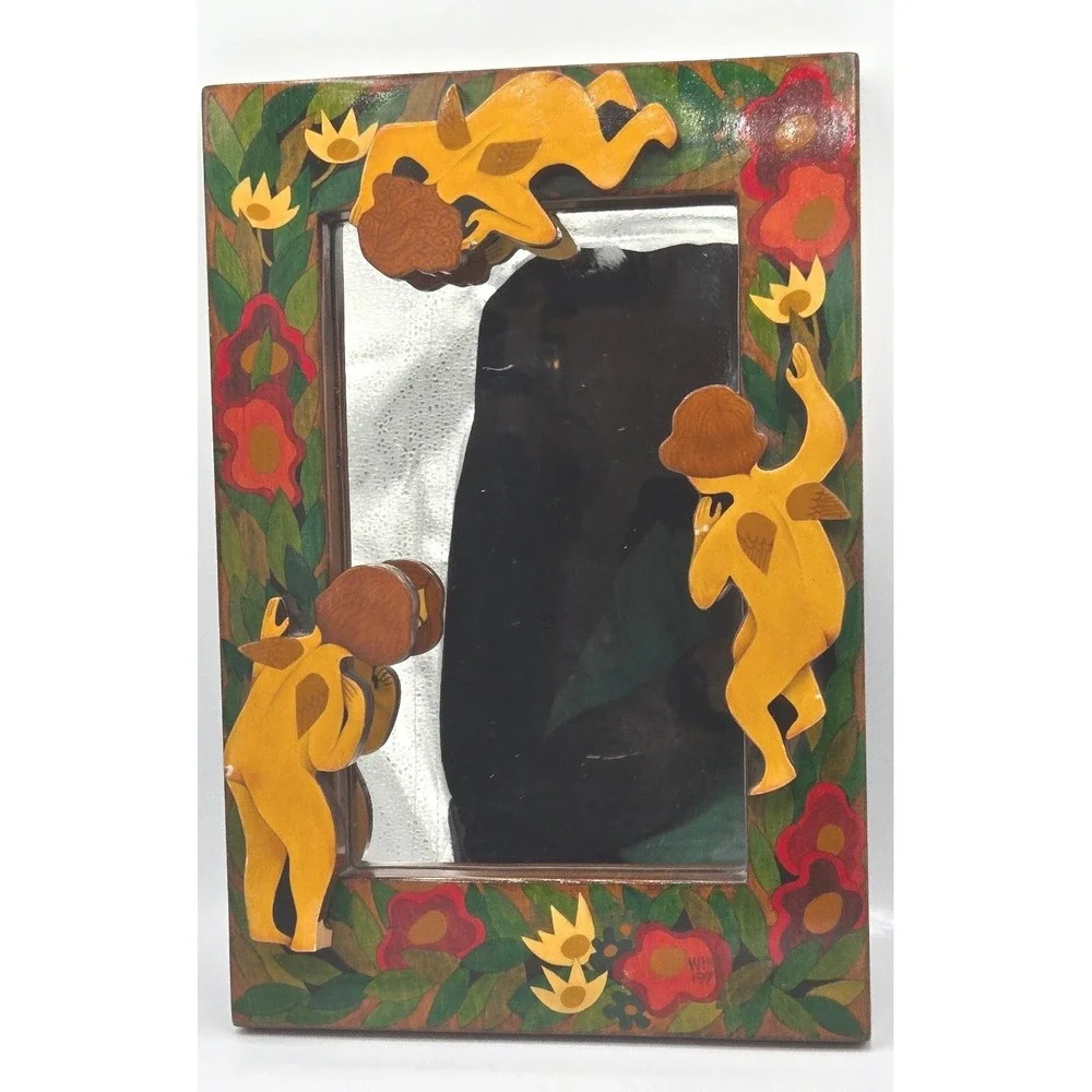 Hand Carved Wooden Mirror Cherub Flower‎ Design Wall Art Unique Decorative